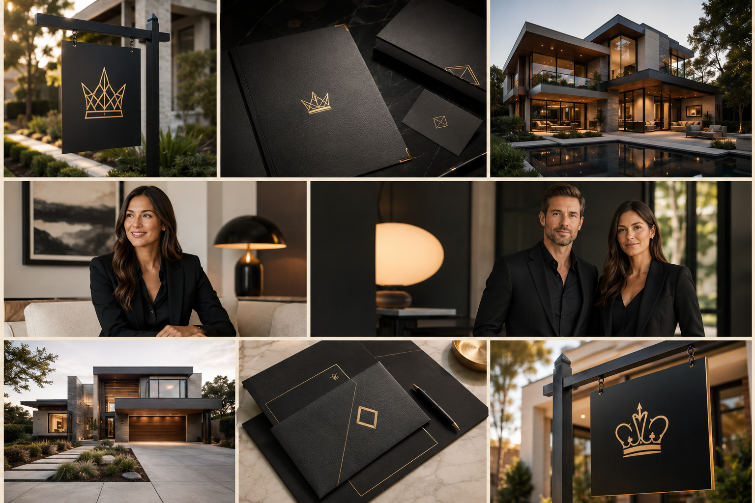 Editorial collage of independent real estate brands, brokerage signs, stationery, homes and brokerage owners
